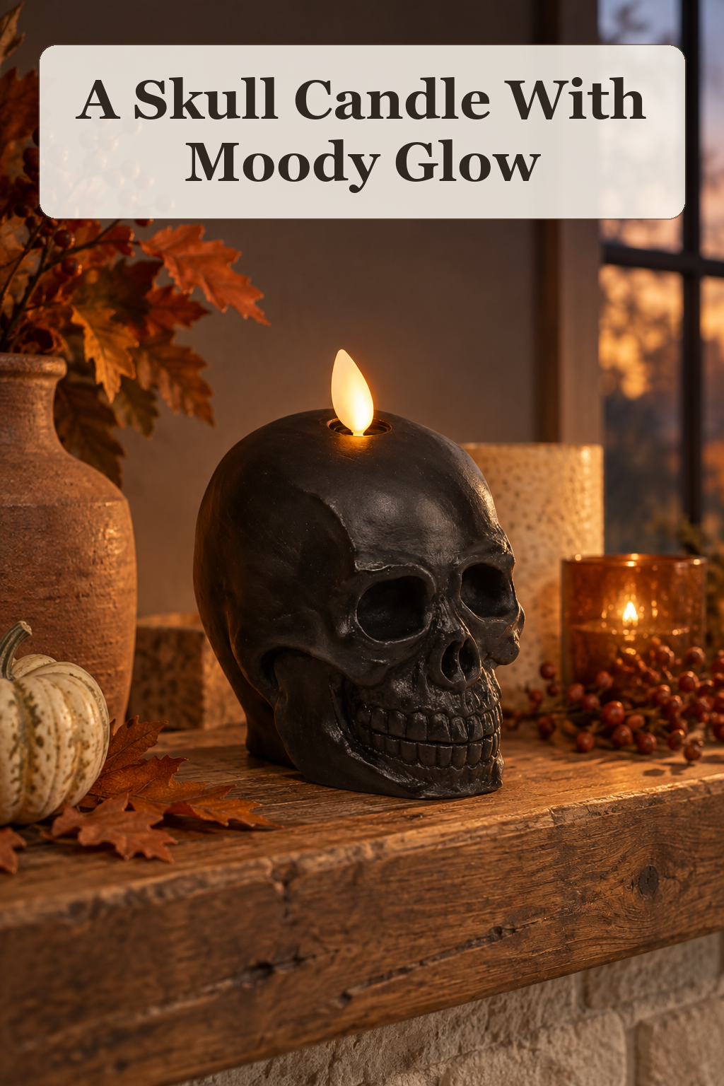 Luminara Flameless Skull Candle styled in a warm, lived-in Halloween setting