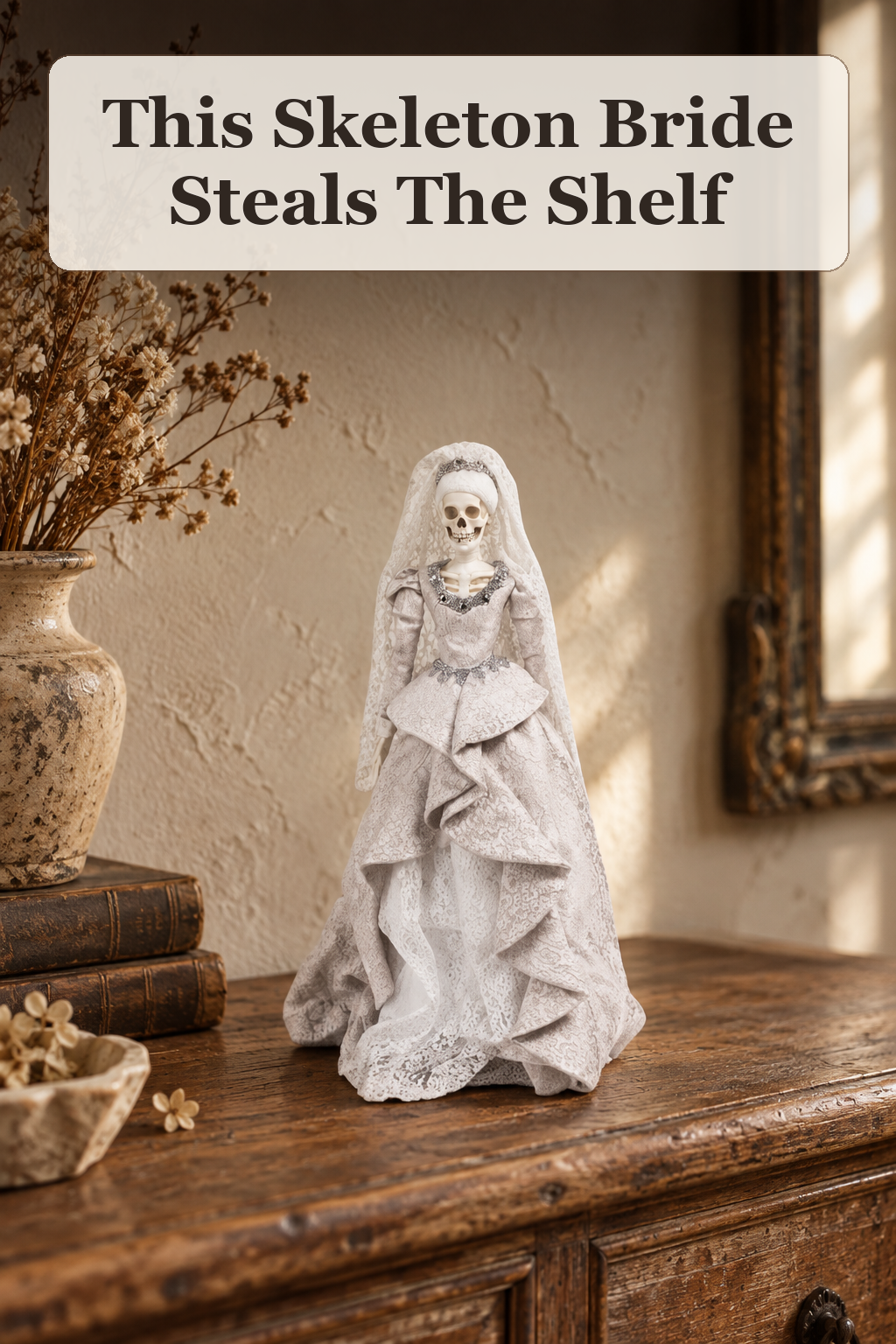 Well Dressed Home Skeleton Bride Decor styled in a warm, lived-in Halloween setting