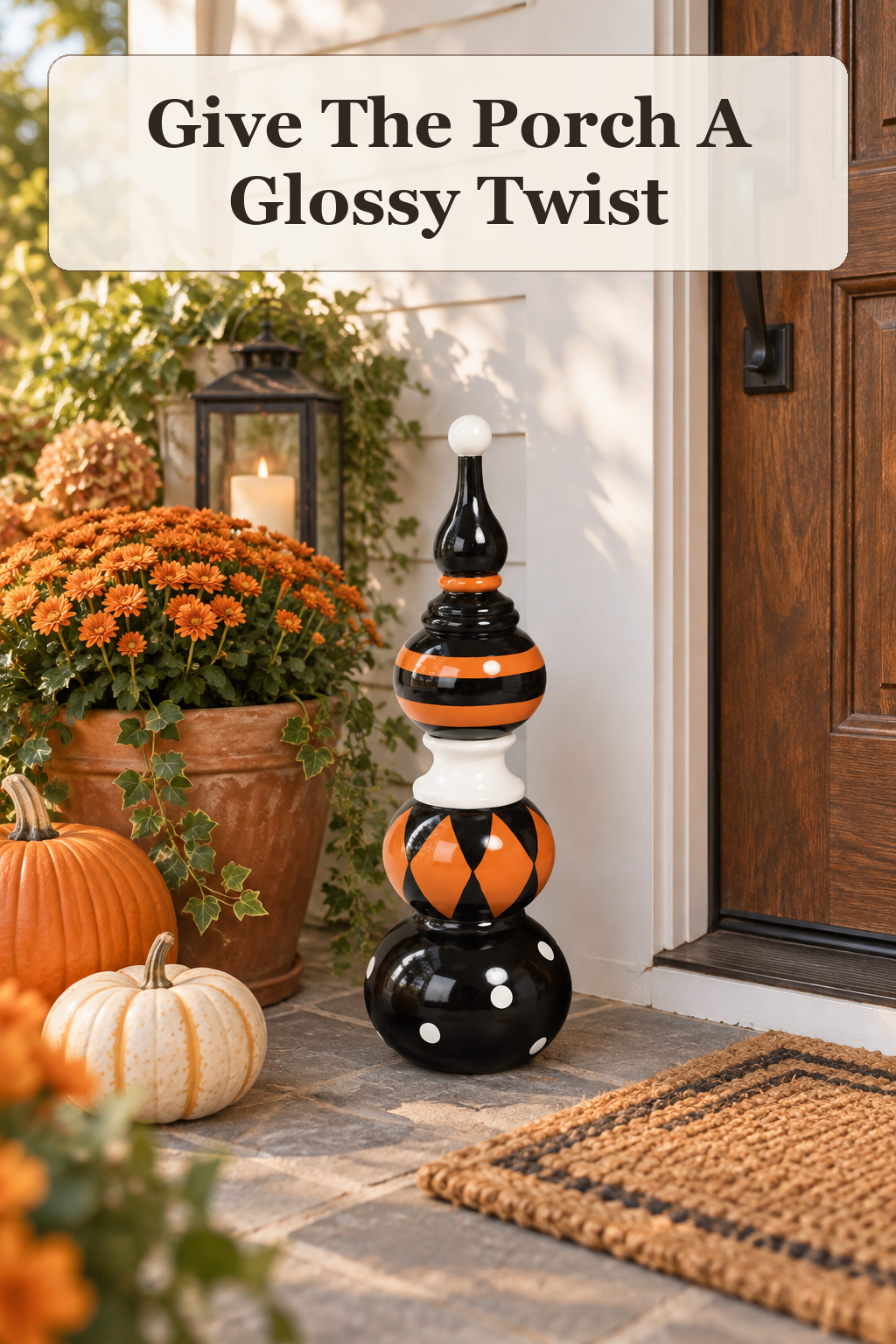 Ghoulish Outdoor Safe High Gloss Halloween Finial Decor styled in a warm, lived-in Halloween setting