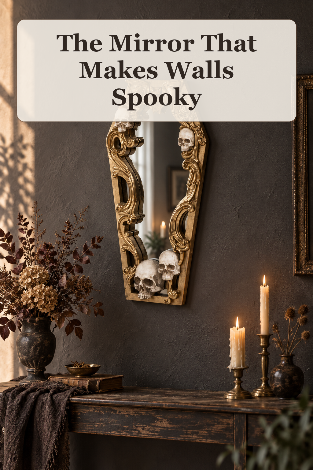 Christian Siriano New York 20.5x40 Skull Framed Wall Mirror styled in a warm, lived-in Halloween setting