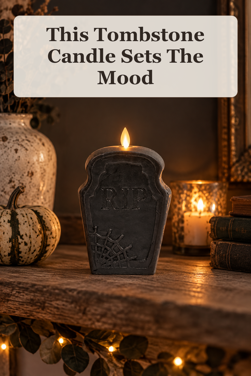 Luminara RIP Tombstone Candle styled in a warm, lived-in Halloween setting