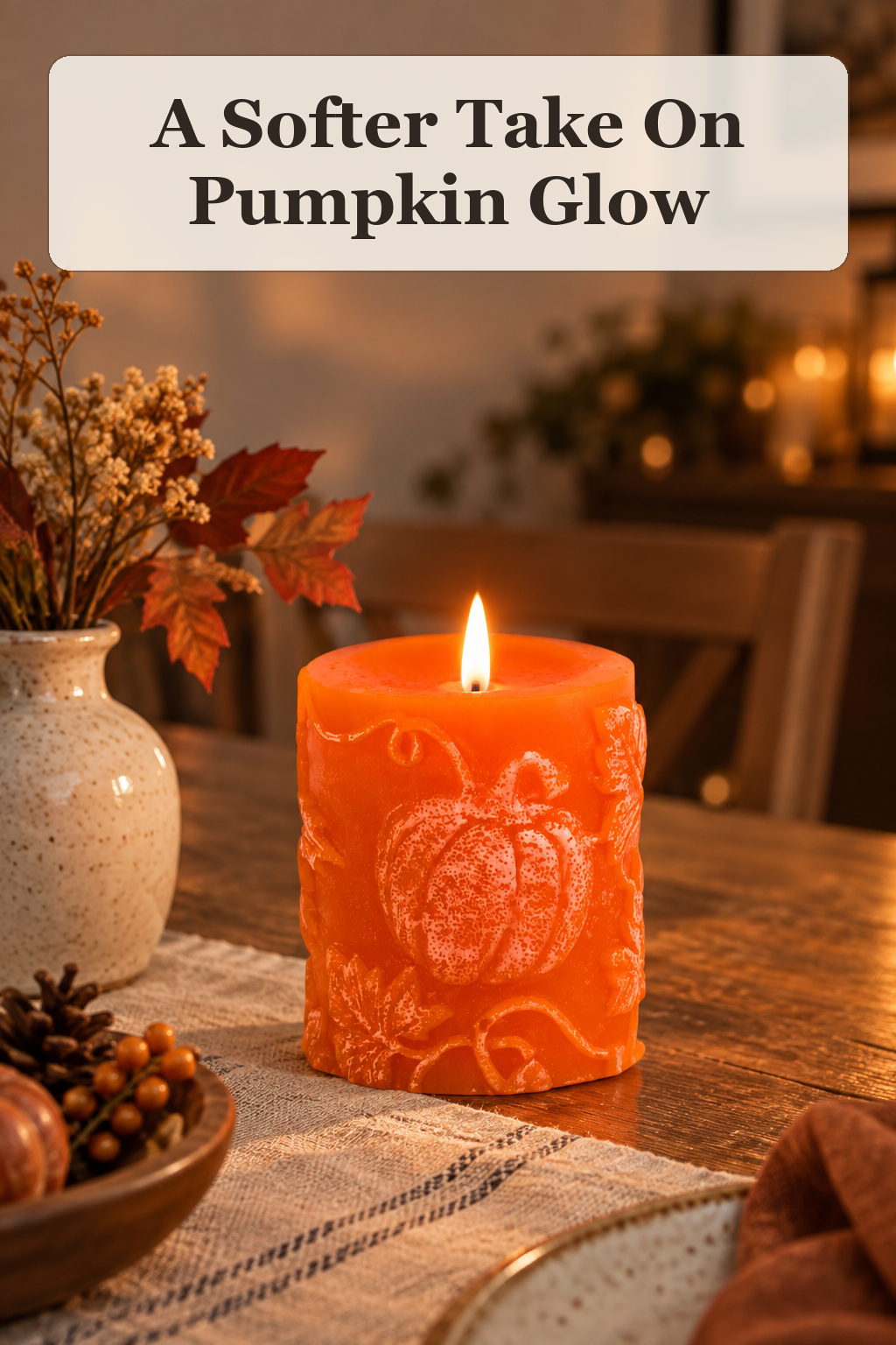 Luminara 3.25x4.5 Chalky Embossed Pumpkin And Leaves Pillar Candle styled in a warm, lived-in Halloween setting