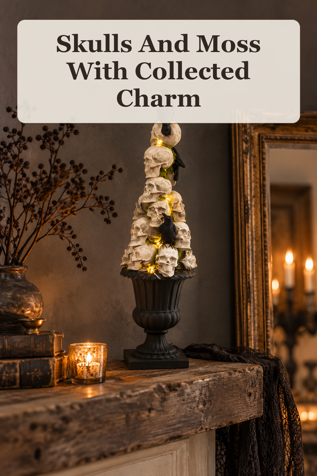 Martha Stewart LED Skulls With Crow And Faux Moss Planter styled in a warm, lived-in Halloween setting