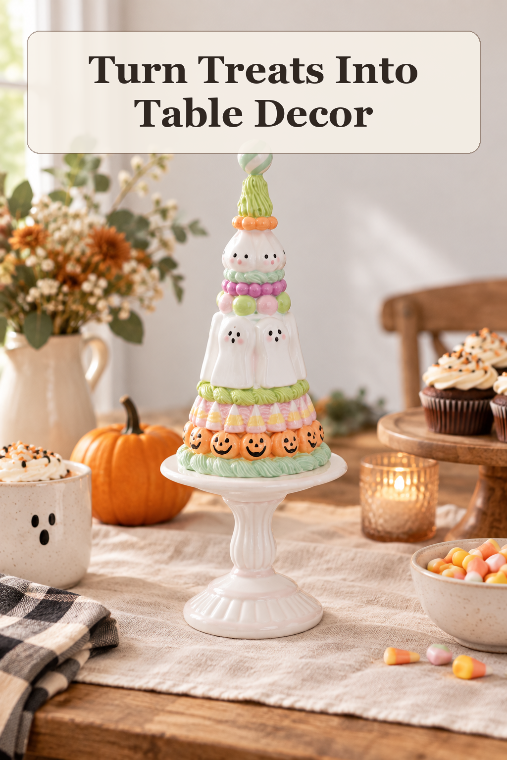 Sweet Treats 19in Halloween Treats Tower On Pedestal styled in a warm, lived-in Halloween setting