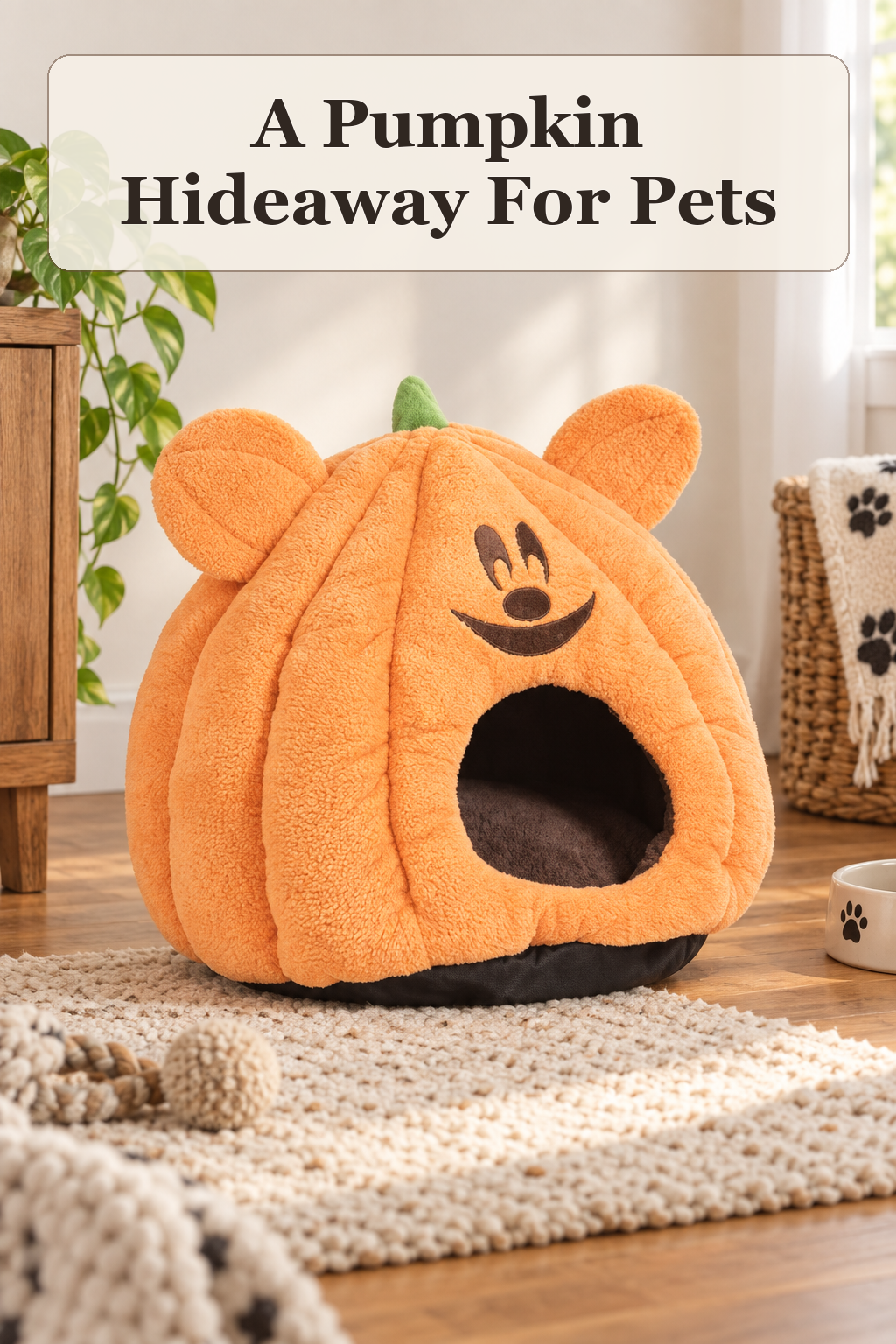 Mickey Mouse Pumpkin Pet Hut styled in a warm, lived-in Halloween setting