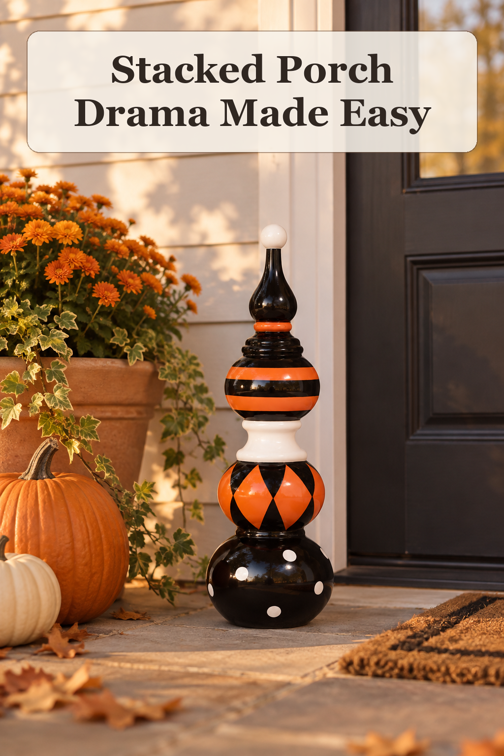 Toil And Trouble 37in Outdoor Safe Stacked Finial Decor styled in a warm, lived-in Halloween setting
