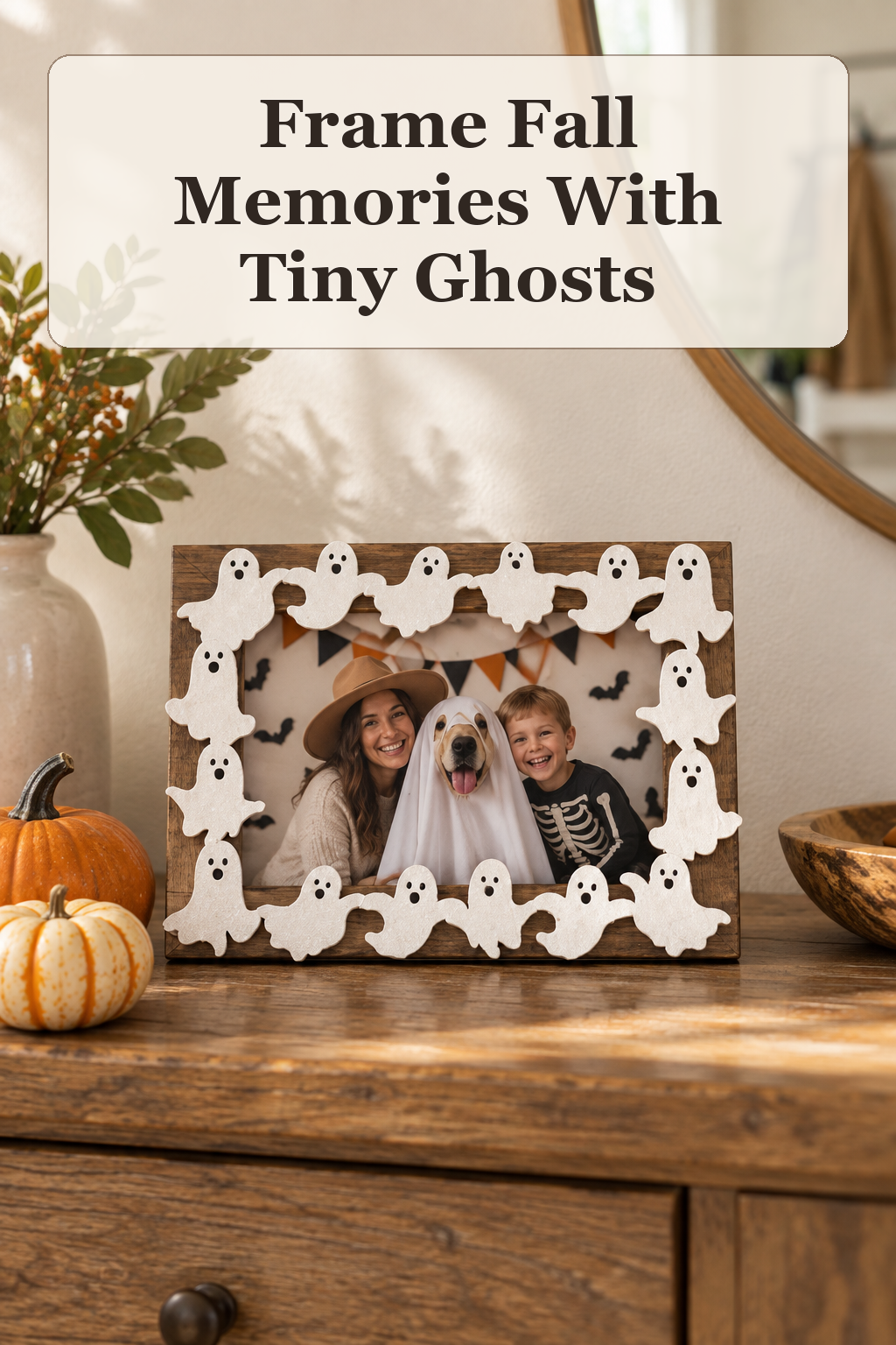 Enchante 4x6 Ghosts Tabletop Picture Frame styled in a warm, lived-in Halloween setting