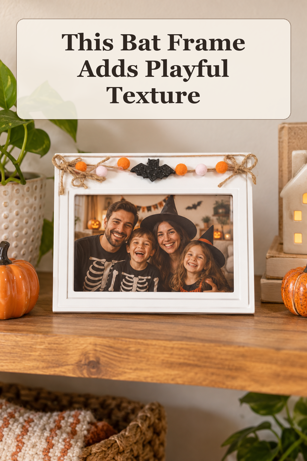 Enchante 4x6 Bat Pom Pom Table Top Picture Frame styled in a warm, lived-in Halloween setting