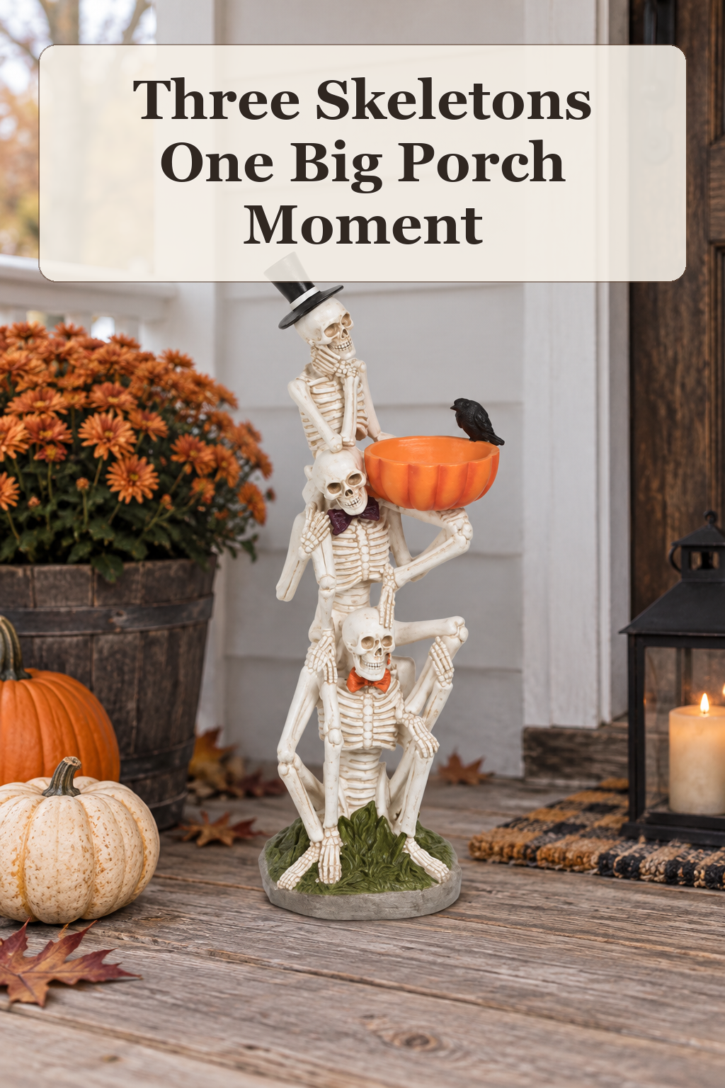 Spooky Night 42.5in Outdoor Safe Three Skeletons Stacked Decor styled in a warm, lived-in Halloween setting