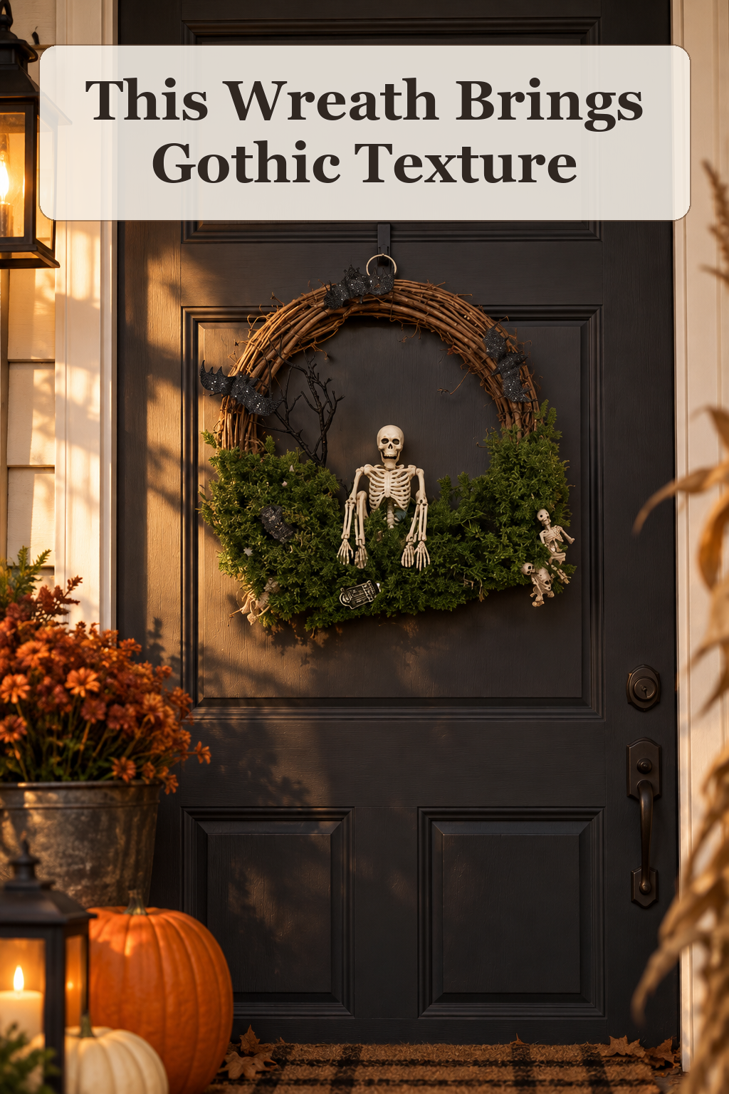Noir Night 22in Tombstones Skeleton Half-Vine Wreath styled in a warm, lived-in Halloween setting