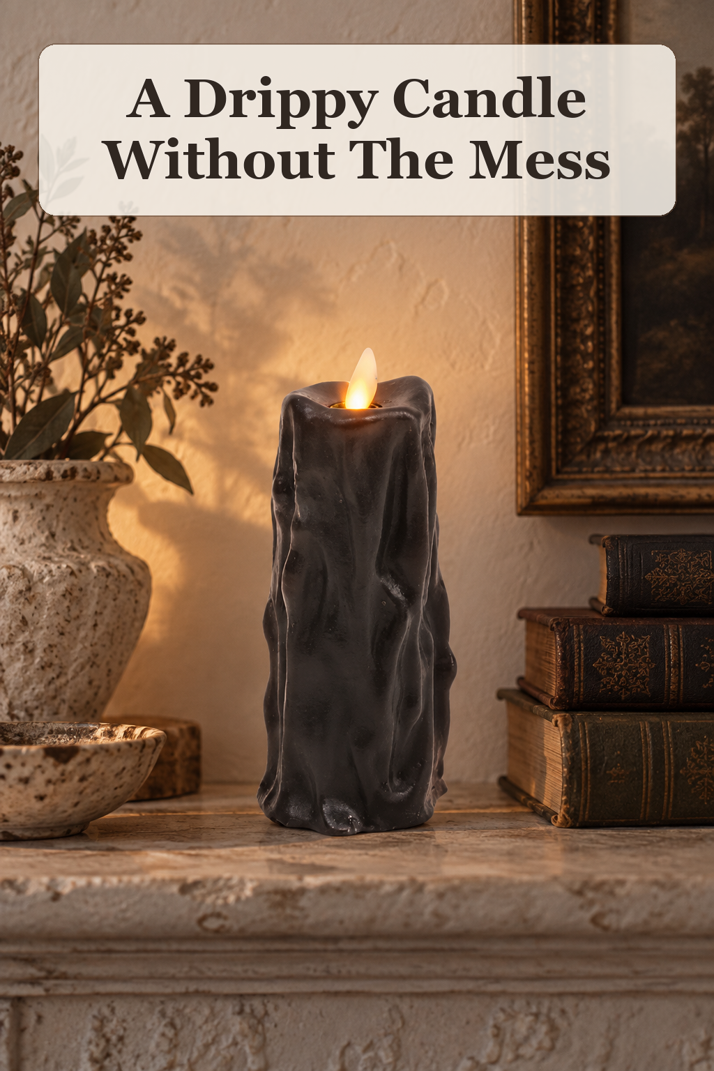 Luminara LED Heavy Wax Drip Slim Pillar Candle styled in a warm, lived-in Halloween setting
