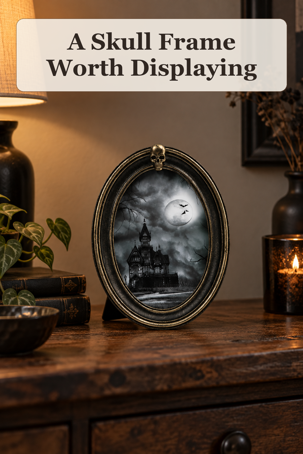 Isaac Jacobs 4x6 Oval Skull Tabletop Photo Frame styled in a warm, lived-in Halloween setting