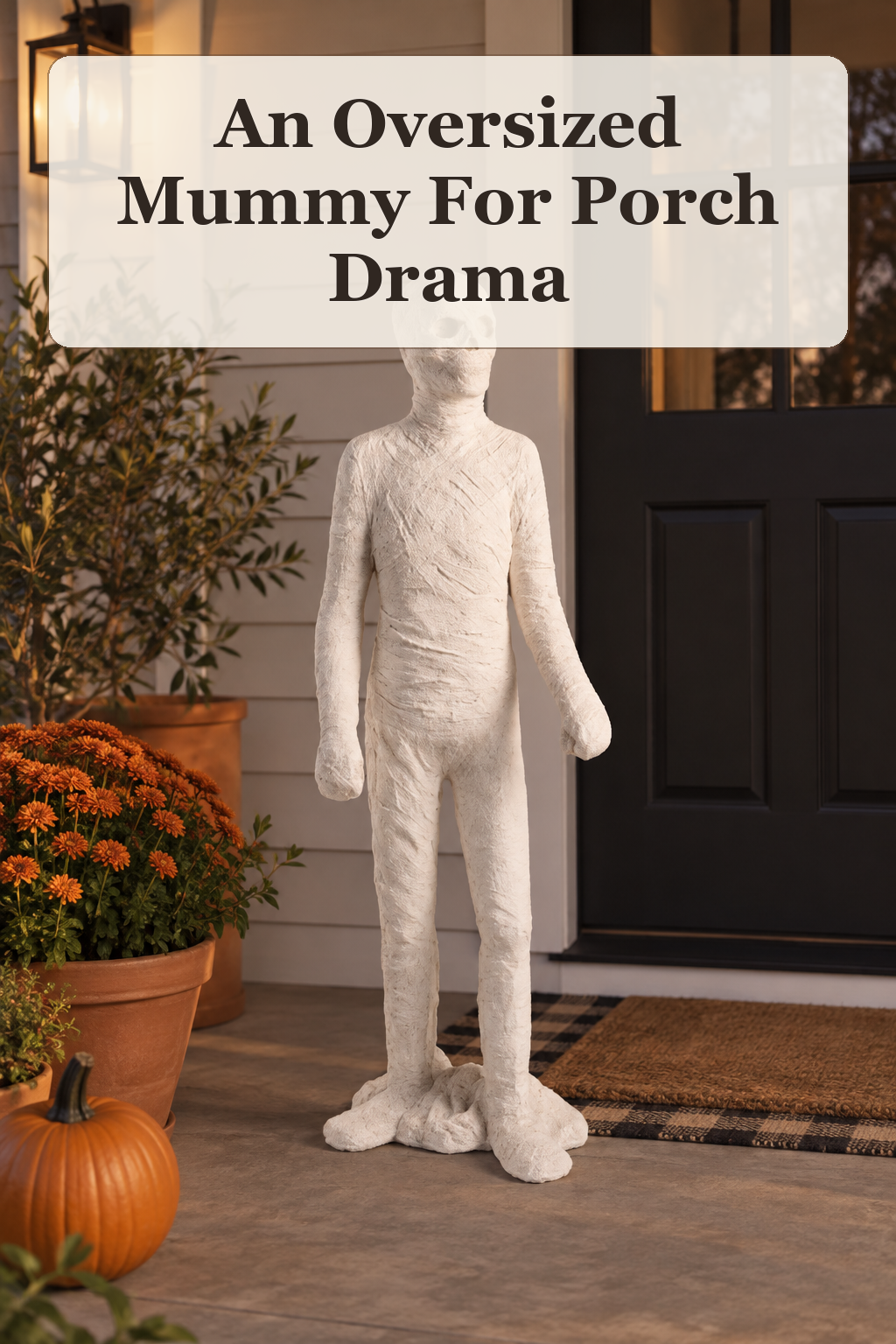 Martha Stewart 21x60 Oversized LED Mummy Decoration styled in a warm, lived-in Halloween setting