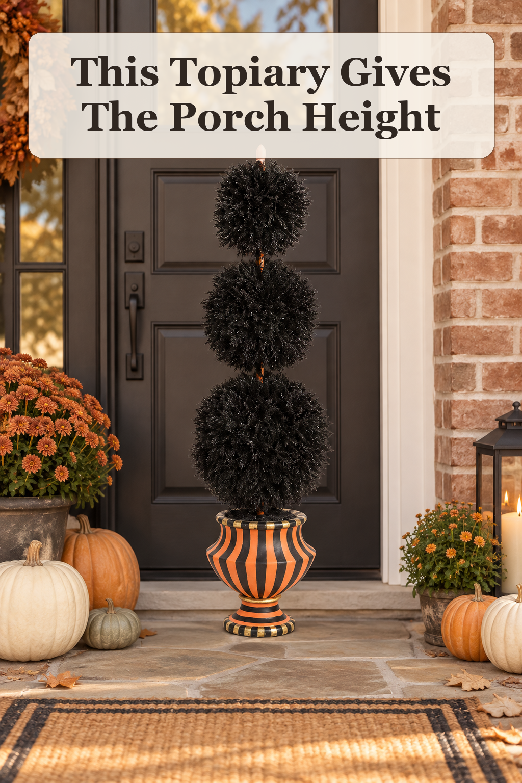 Luxe Habitat 52in LED Topiary Porch Pot styled in a warm, lived-in Halloween setting