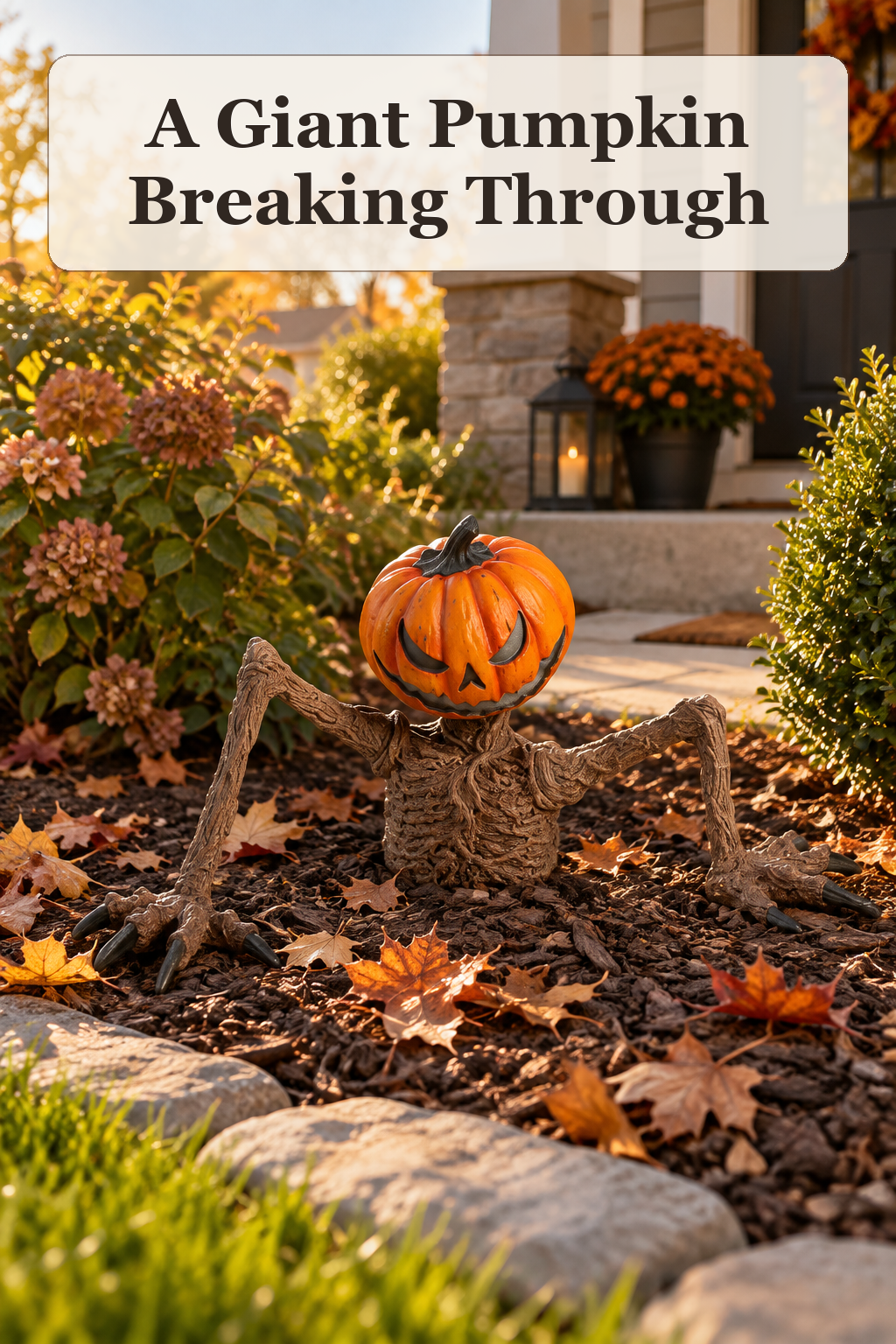 Martha Stewart 48x24 Outdoor Safe Jumbo Ground Breaker Light Up Jack O Lantern Decor styled in a warm, lived-in Halloween setting