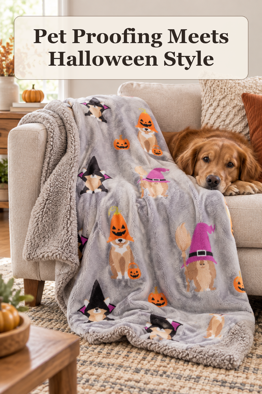 Canine Creations 60x70 Halloween Dogs Waterproof Lining Pet Throw styled in a warm, lived-in Halloween setting