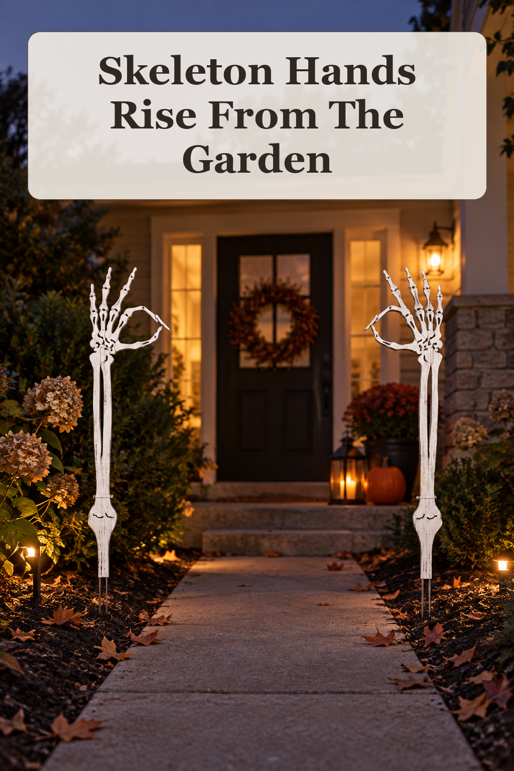 Well Dressed Home 2pc 7x33 Outdoor Safe Metal Skeleton Hand Garden Stakes Set styled in a warm, lived-in Halloween setting