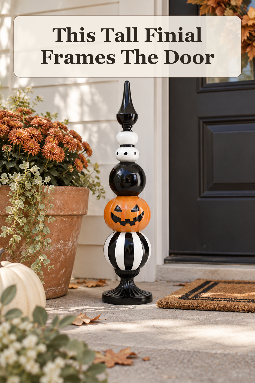 Hallow Home 10.5x41 Outdoor Safe Halloween Finial styled in a warm, lived-in Halloween setting