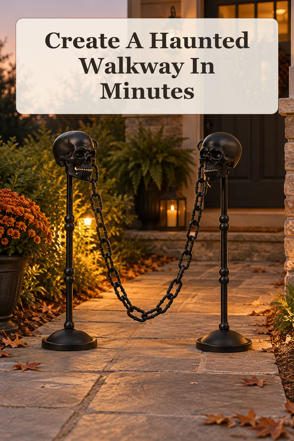 Christian Siriano New York 53in Outdoor Safe Skull Posts And Chain styled in a warm, lived-in Halloween setting
