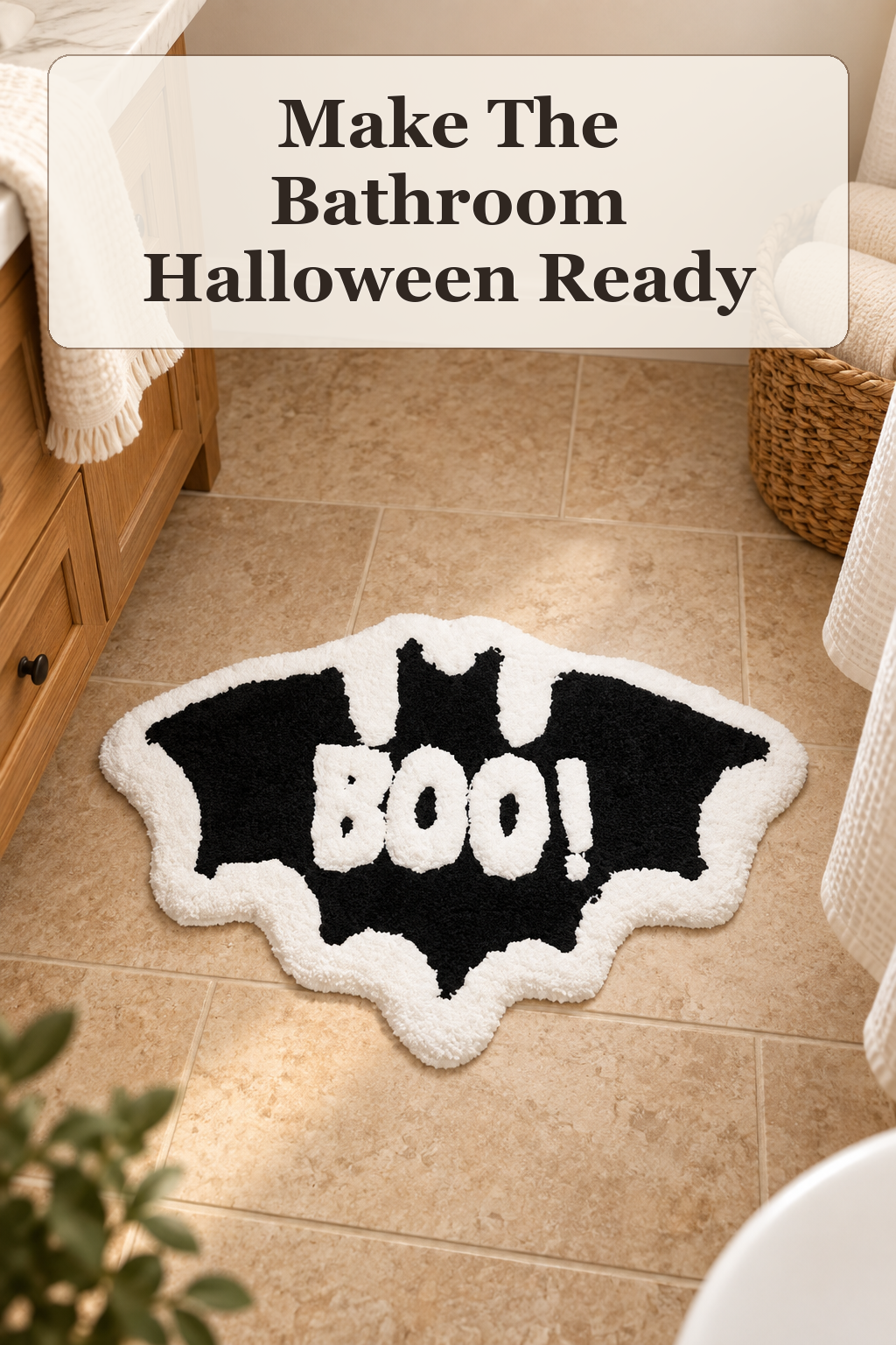 Vista Home Fashions 31.25x19.25 Figural Boo Bat Bath Rug styled in a warm, lived-in Halloween setting