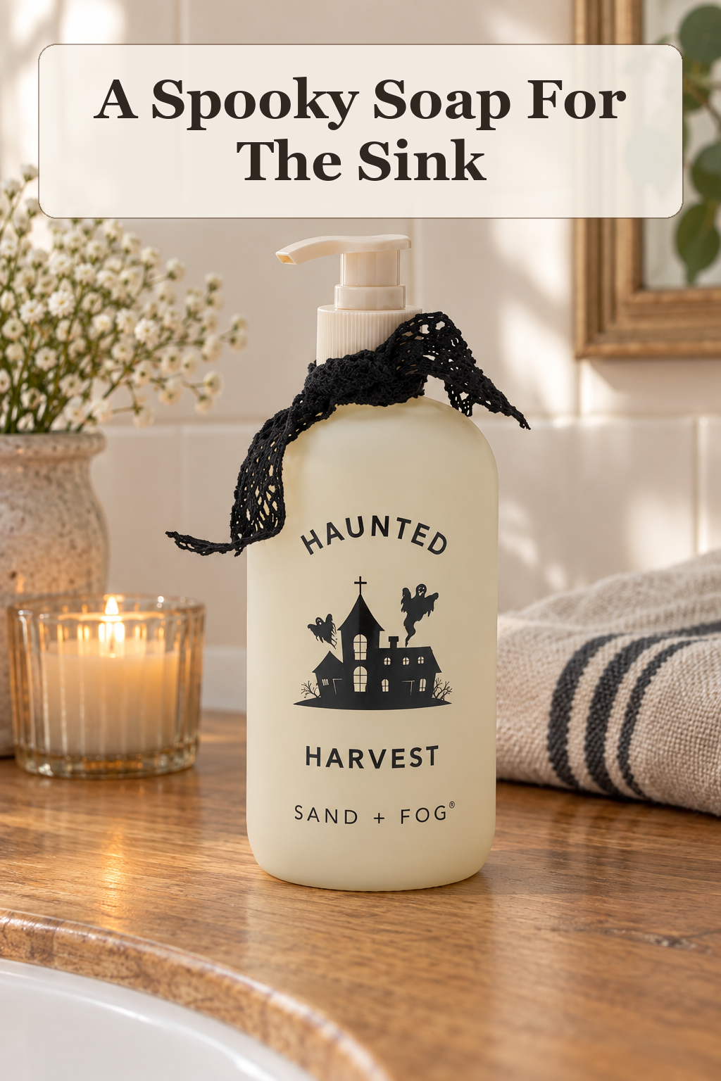 Sand And Fog 15.7oz Haunted Harvest Soap styled in a warm, lived-in Halloween setting