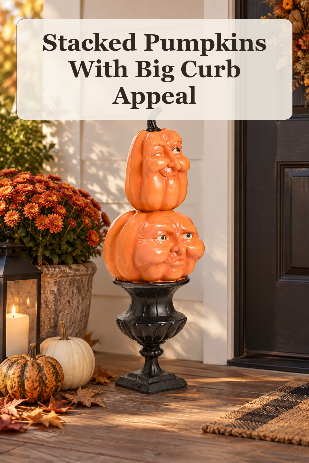 Martha Stewart 37.25in Outdoor Safe Stacked Face Pumpkins styled in a warm, lived-in Halloween setting