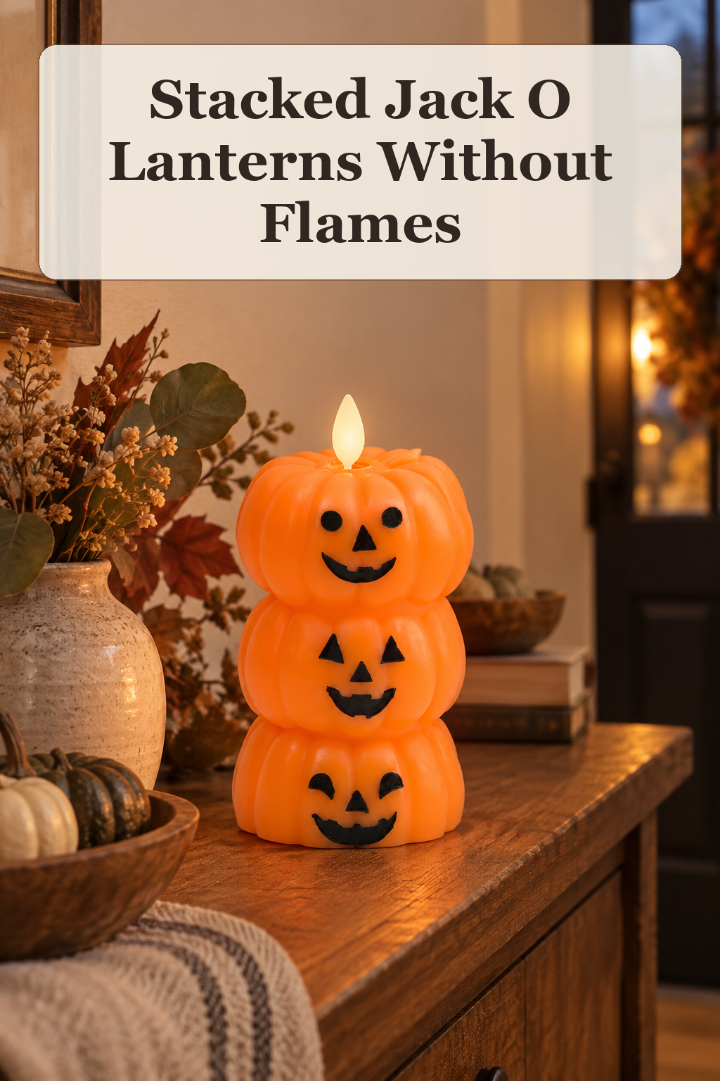 Luminara Stacked Jack-O-Lanterns Flameless Candle styled in a warm, lived-in Halloween setting