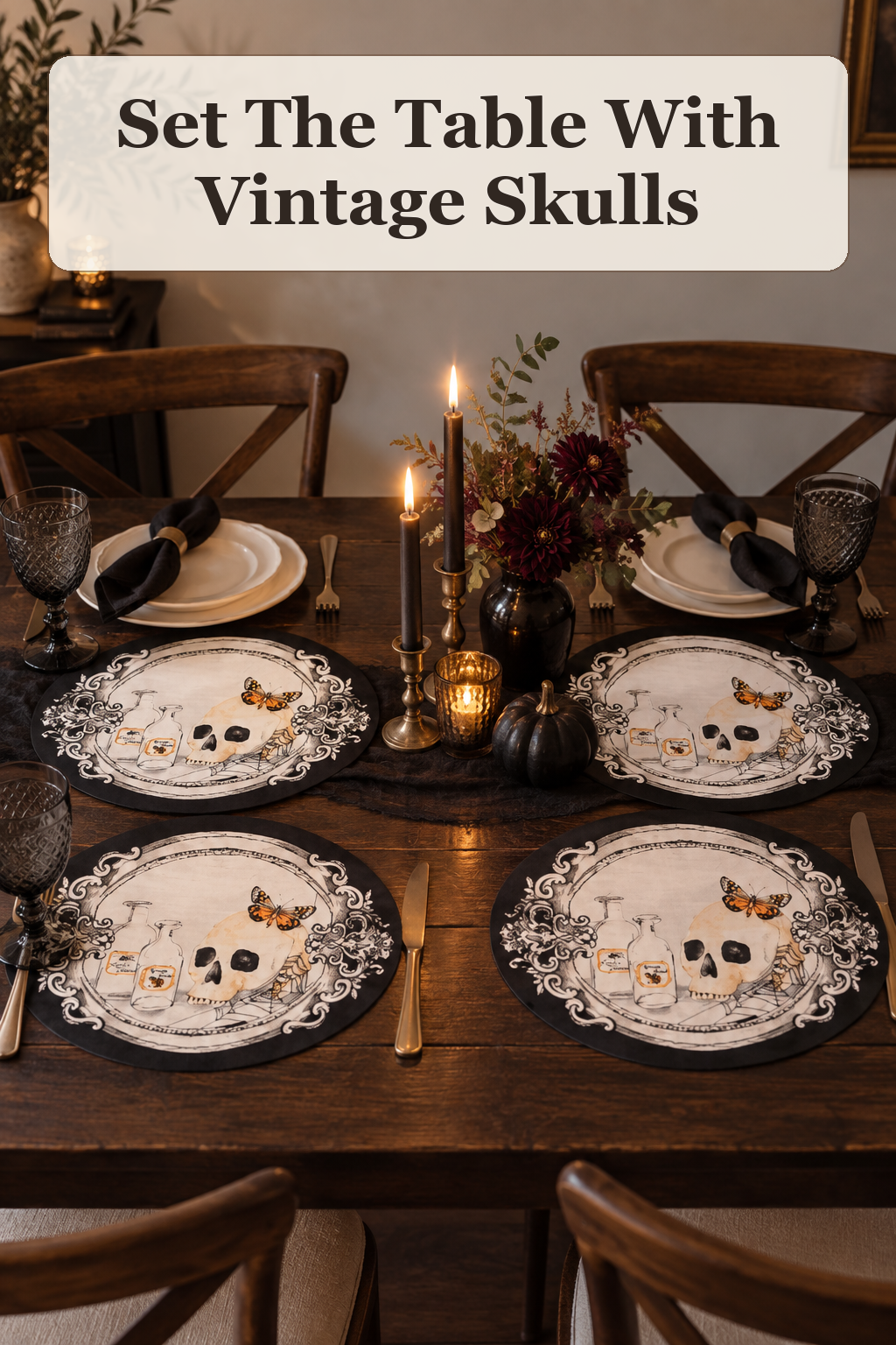 Cynthia Rowley Set Of 4 Bespoke Vintage Frames Skull Placemats styled in a warm, lived-in Halloween setting