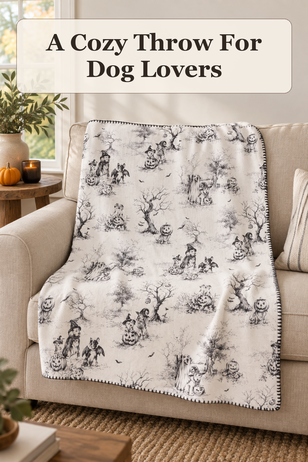 The Farmhouse By Rachel Ashwell Bark O Ween Toile Printed Chenille Throw styled in a warm, lived-in Halloween setting