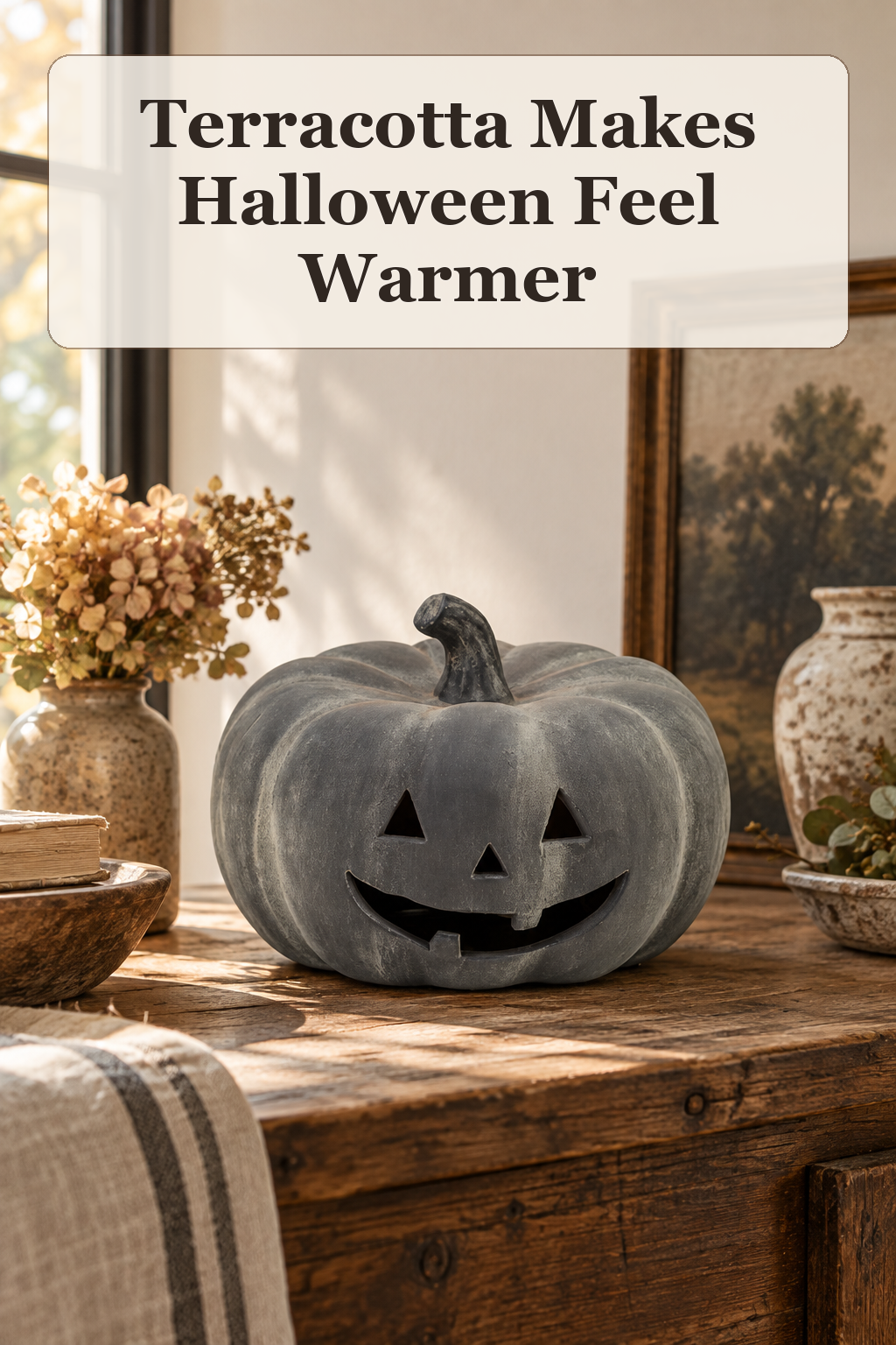 Martha Stewart 12x13 Terracotta Jack O Lantern styled in a warm, lived-in Halloween setting
