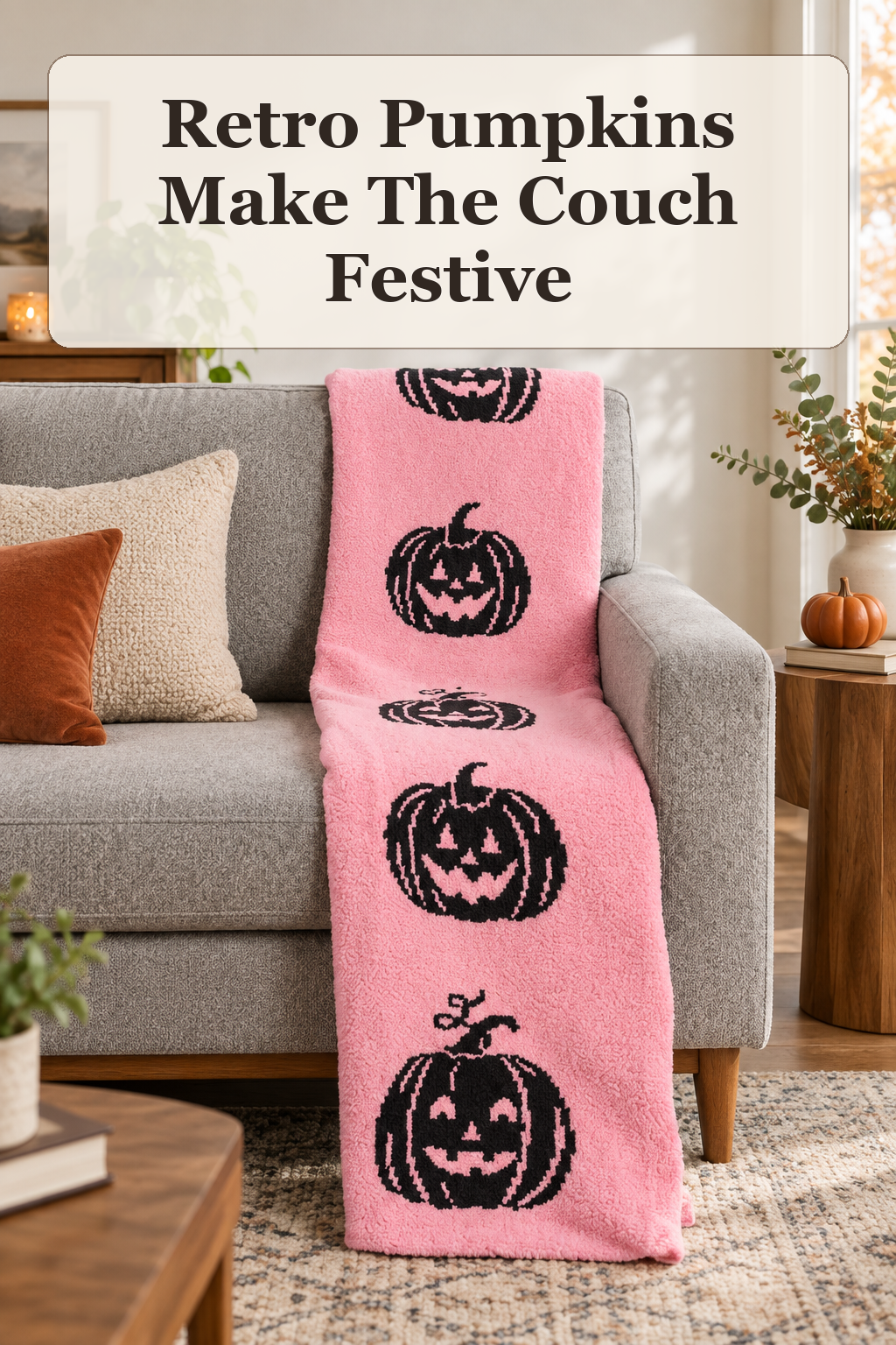 Novogratz 50x70 Retro Chenille Pumpkins Throw styled in a warm, lived-in Halloween setting