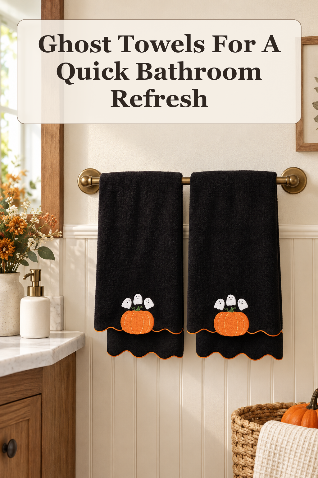Kassatex Set Of 2 Pumpkin And Ghost Hand Towels styled in a warm, lived-in Halloween setting