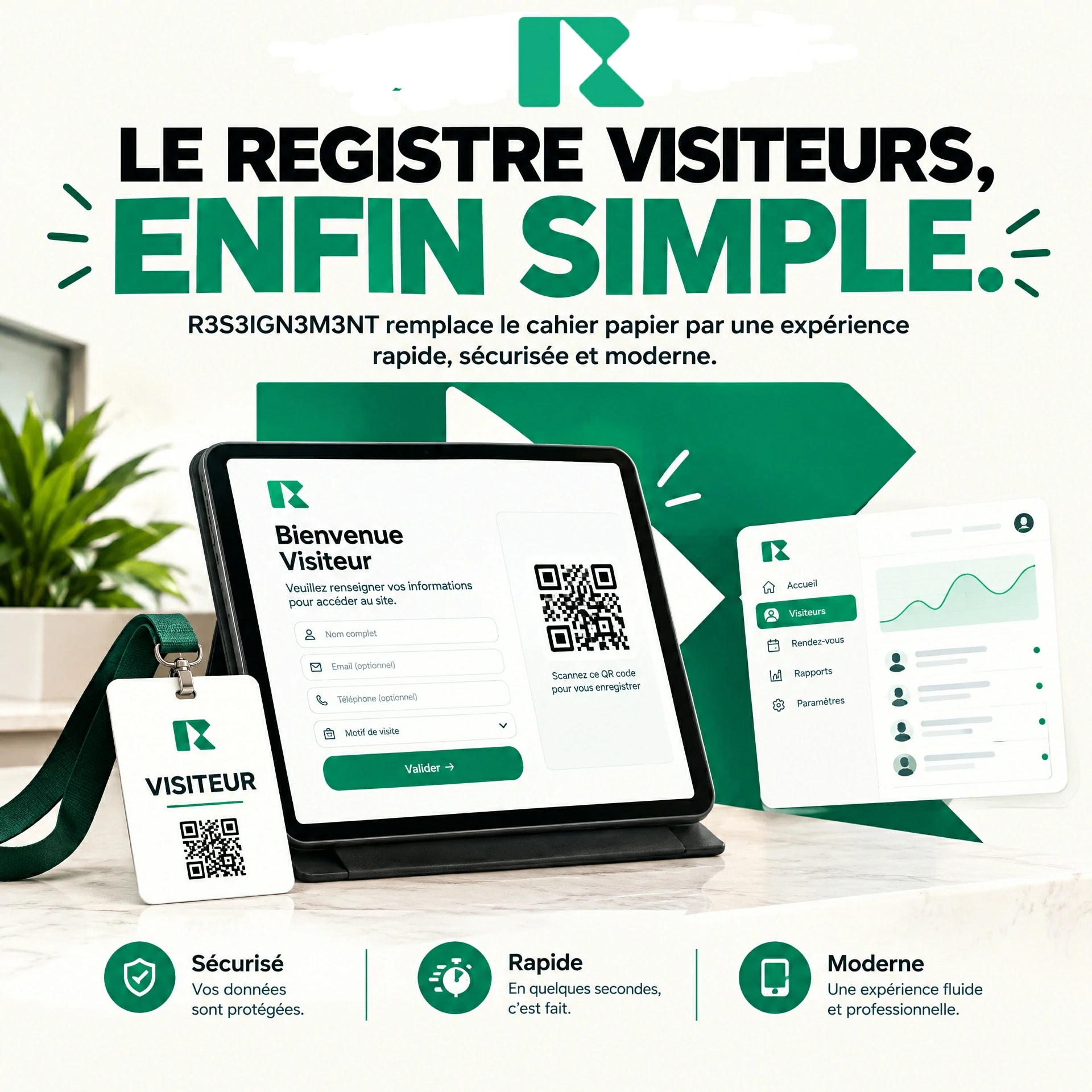 Formulaire REKOLLECTE sur tablette, badge visiteur avec QR Code