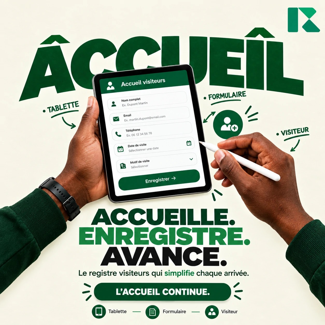 Accueille, enregistre, avance : un visiteur signe le registre REKOLLECTE sur une tablette