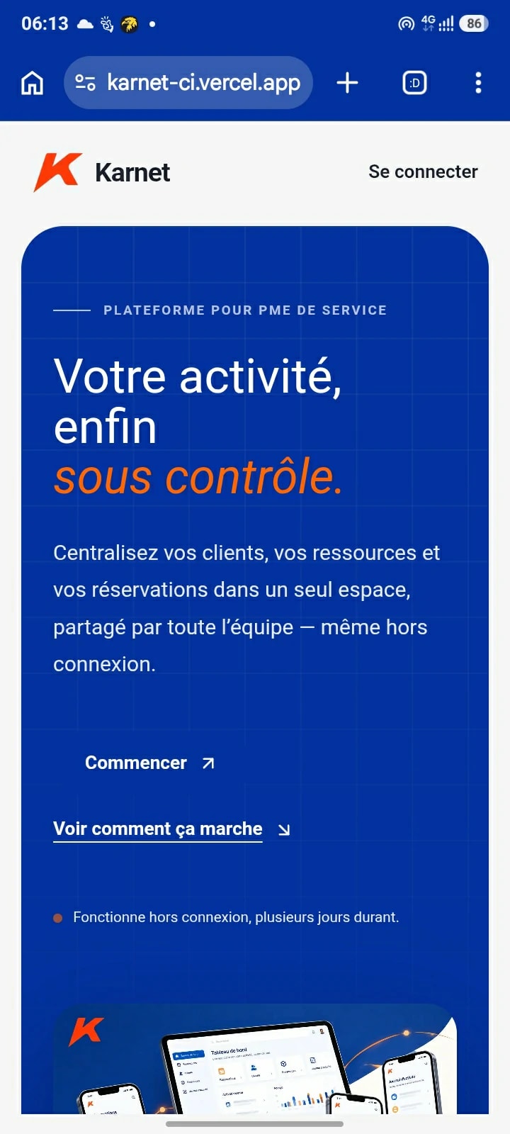 Aperçu du site Karnet — mobile