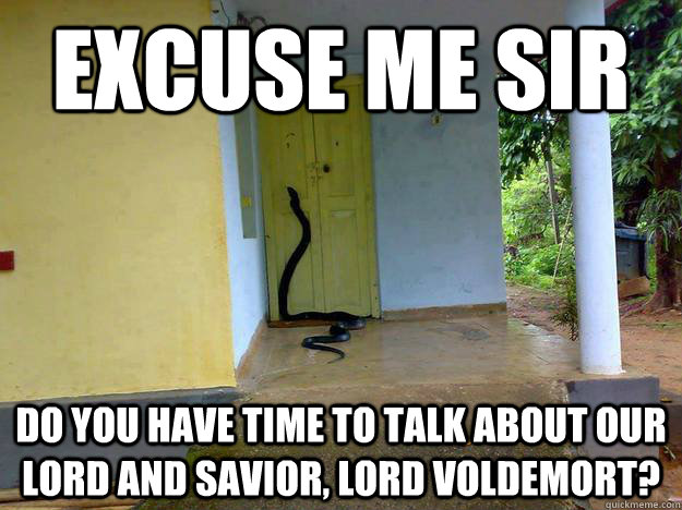 Excuse me sir, do you have time to talk about our lord and savior, Lord Voldemort?