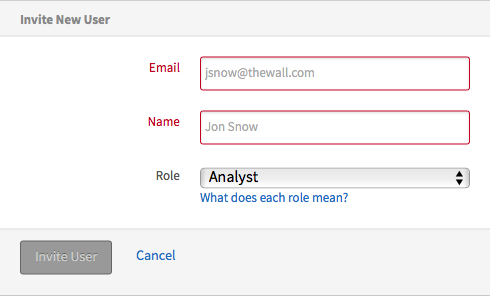 Screenshot of Mailgun new user placeholder. Email: 'jsnow@thewall.com'. Name: 'Jon Snow'.