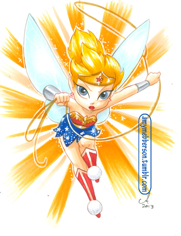 Drawing by Amy Mebberson of Tinkerbell from Peter Pan as Wonder Woman