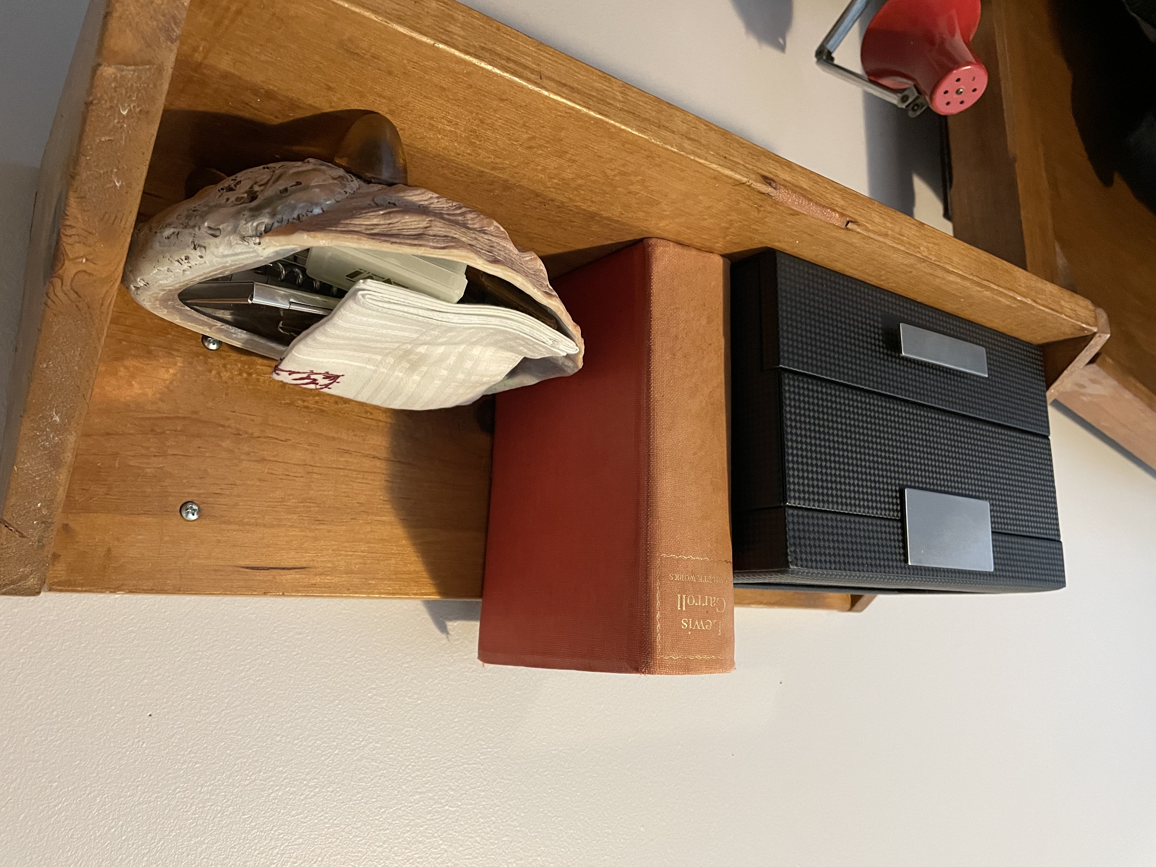 small handmade wooden shelf with some personal items, including the collected works of Lewis Carroll