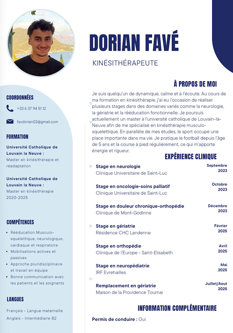 Disponible pour remplacer kiné Brabant Wallon