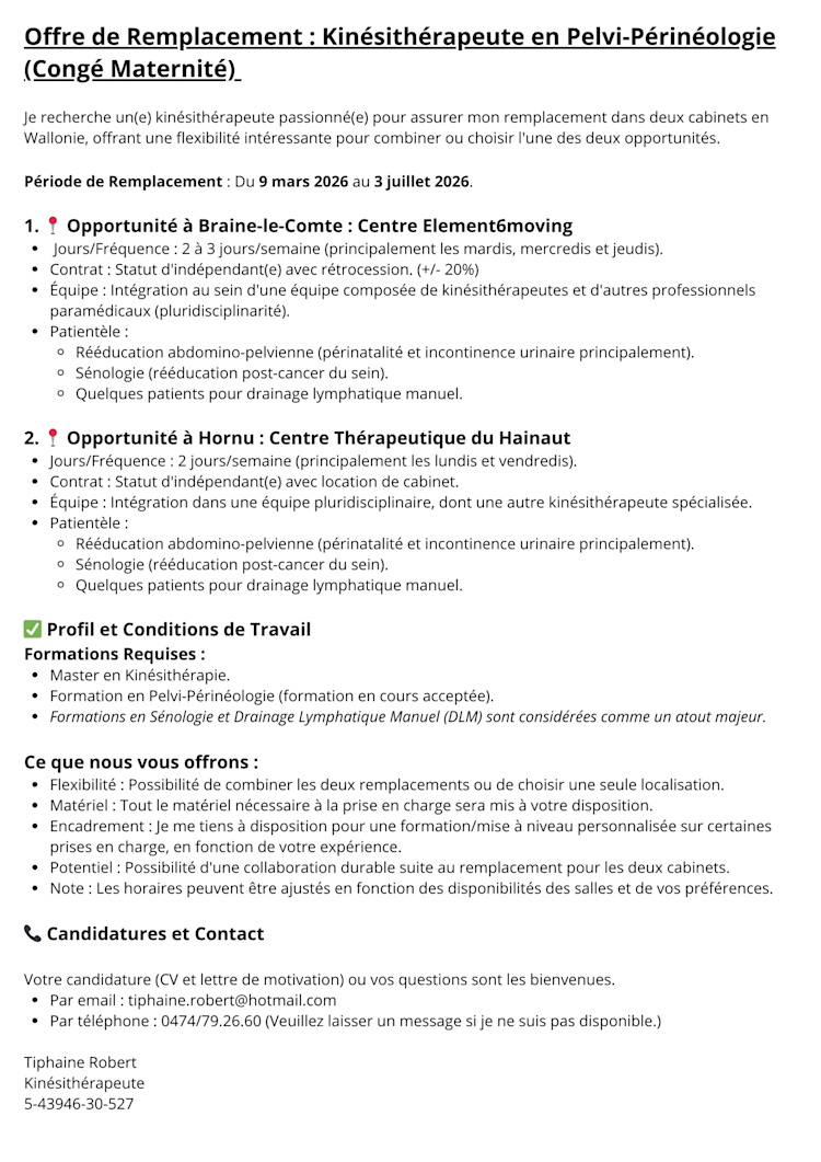 Recherche remplaçant kiné Hainaut