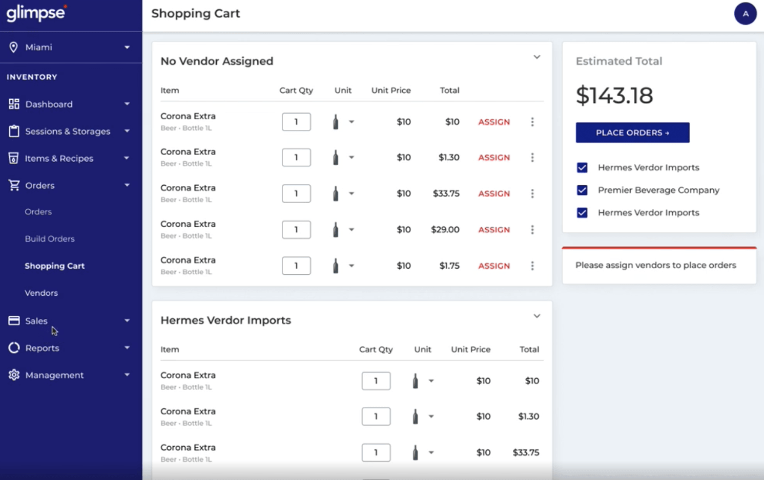 glimpse inventory purchase orders