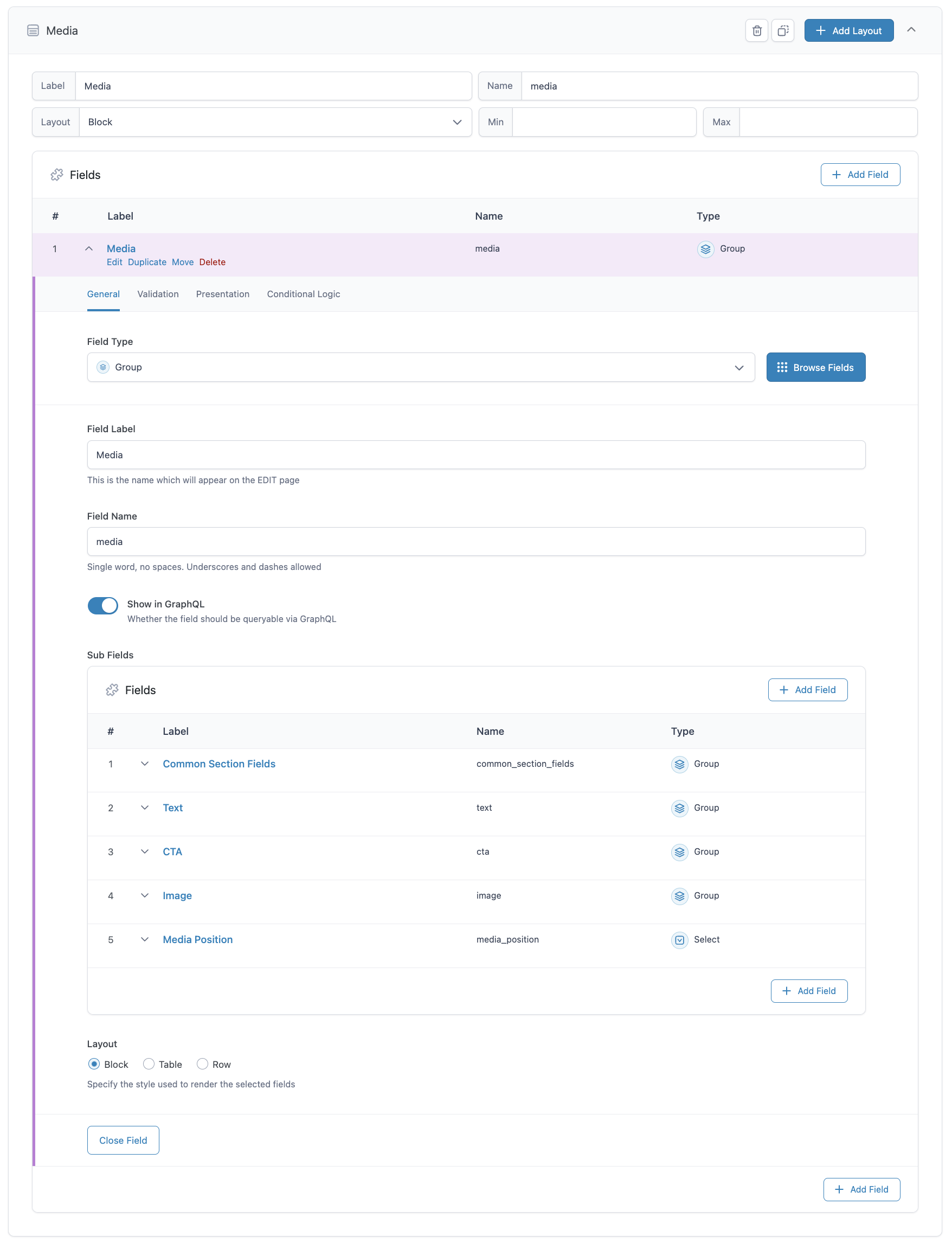 common section fields ui