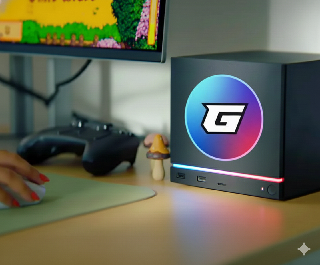 Valve Steam Machine console-PC with AMD Zen 4 and RDNA 3 hardware placed on a living-room setup.