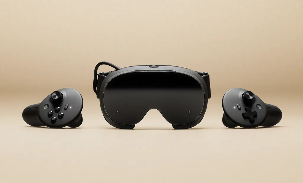 Valve Steam Frame wireless VR headset with dual 2160×2160 displays and Wi-Fi 6E streaming.