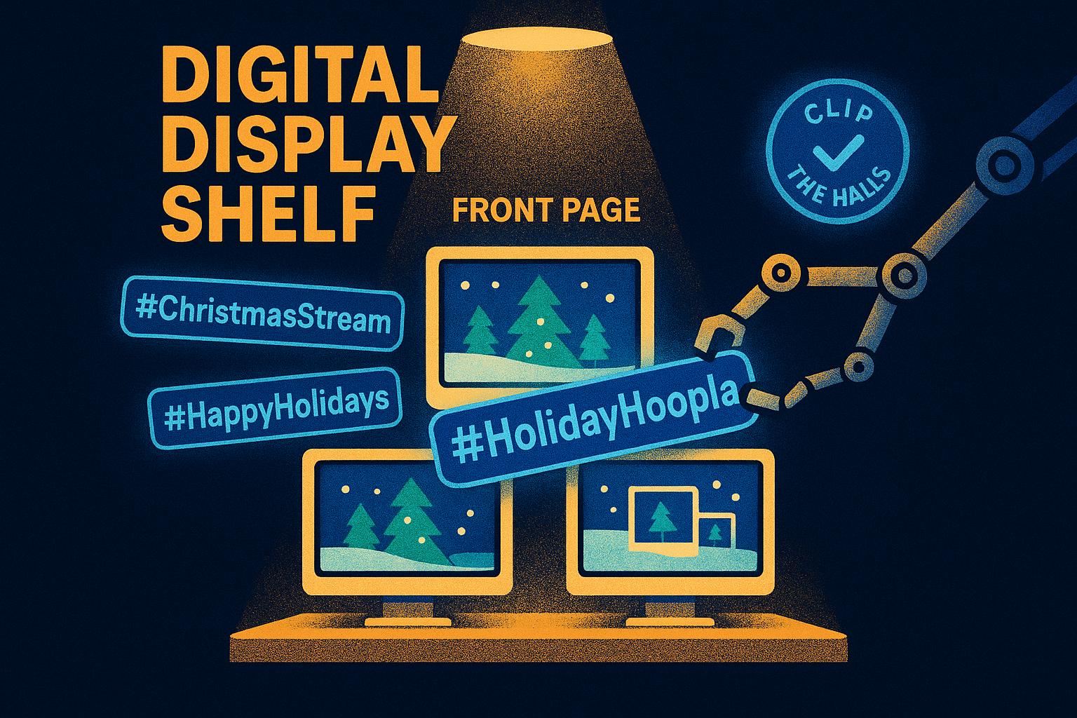 Digital display shelf graphic for stream clips featuring a robotic arm, 'Clip the Halls' badge, and hashtags like #HolidayHoopla and #ChristmasStream.