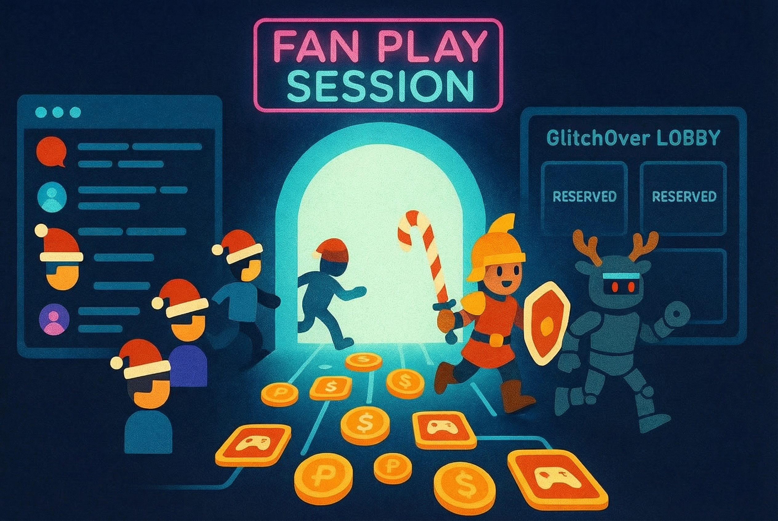 Glitchover fan play session graphic featuring a multiplayer lobby entrance, festive avatars, and a path of gold gaming tokens.