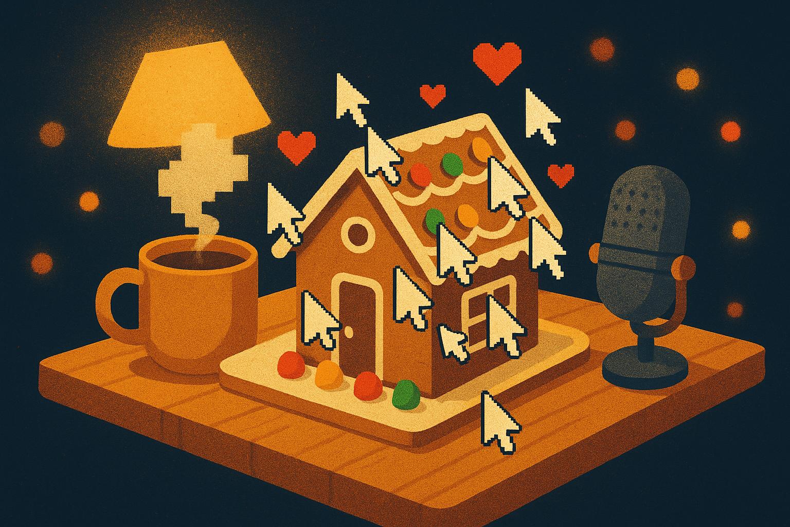 Interactive holiday streaming concept showing a gingerbread house being built by multiple mouse cursors next to a microphone and coffee cup.