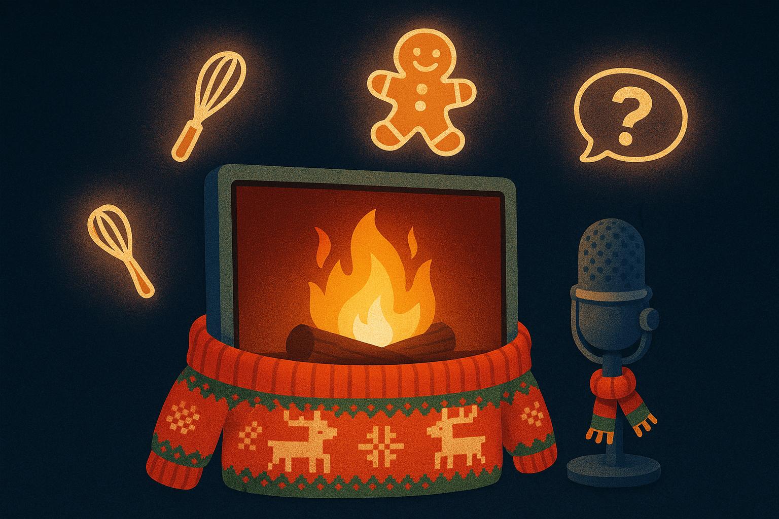 Cozy holiday livestream background illustration with a digital fireplace, Christmas sweater monitor, microphone, and floating gingerbread icons.