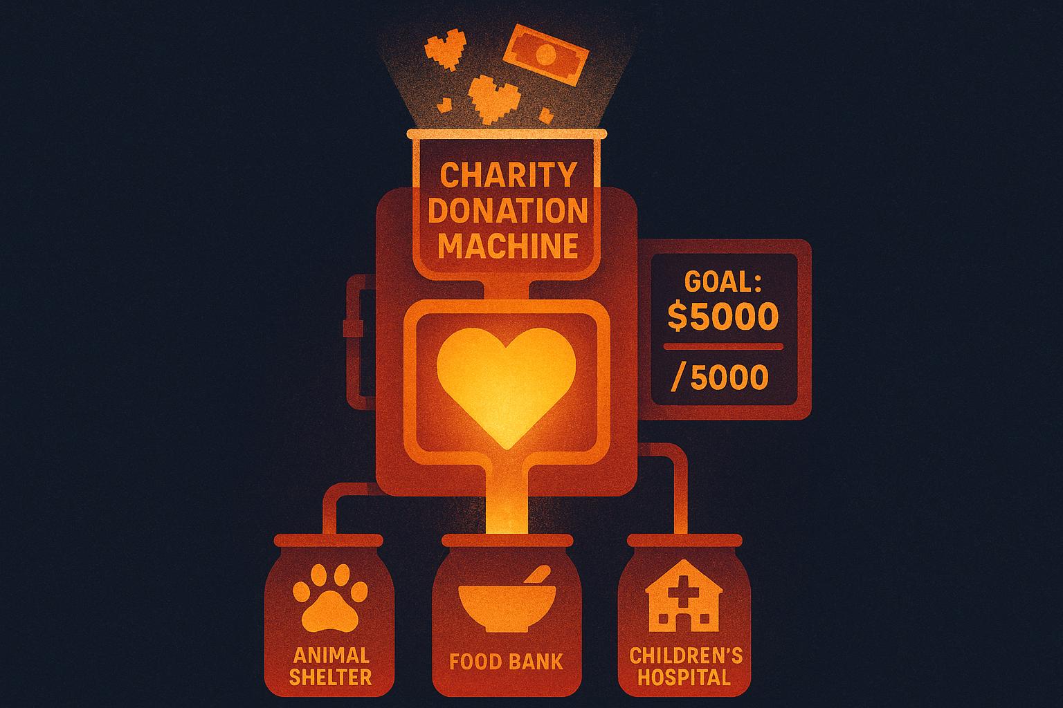 Charity stream donation tracker graphic showing a $5000 fundraising goal for animal shelters, food banks, and children's hospitals.
